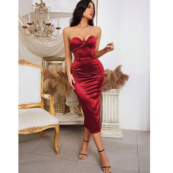 SHEIN Twist Front Satin Tube Bodycon Dress in Red Size M - NWT - Picture 1 of 3